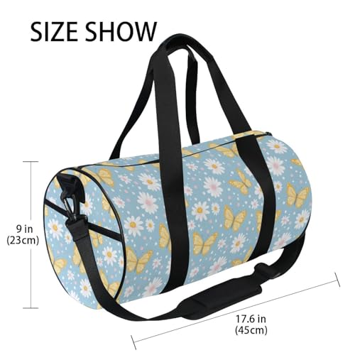 Daisy Butterfly Sports Duffel Bag Full Print Durable Barrel Gym Bag with Large Capacity, Adjustable Strap and Side Zippered Pocket for Fitness Sports Training and Travel4