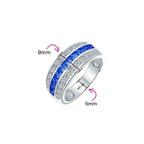 Art Deco Pink Blue Clear AAA Cubic Zirconia Half Eternity Channel Set Princess Cut CZ Dome 3 Row Wide Statement Wedding Band Ring For Women .925 Sterling Silver Comfort Fit 8MM4