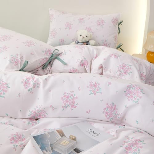 Image of LifeTB Aesthetic Floral Comforter Set Queen, 3 Pieces Pink White Cottagecore Comforter Floral Bedding Set, Lightweight Vintage Botanical Flowers Comforter with 2 Bow Ties Pillowcases for Girls Women
