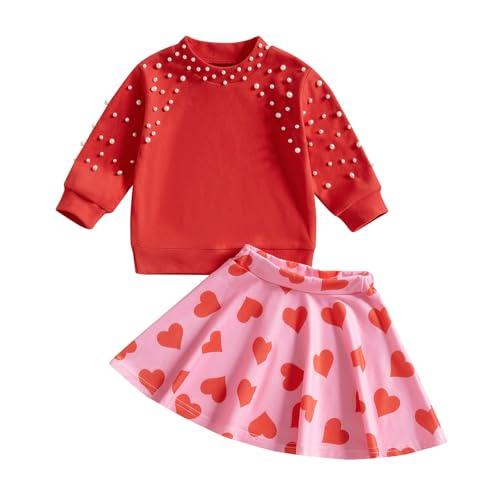 Emmababy Toddler Girl Valentines Skirt Set Ruffle Pearls Sweatshirt Long Sleeve Heart Print Skirt Kids Valentines Day Outfit (15 Red, 3-4T)