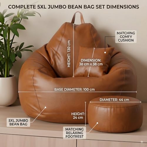 Image of KAM'S LIEU Bean Bag Chair with Footrest & Cushion | Pre-Filled Beans | PVC Leatherette Lounger Sofa | Indoor & Outdoor Bean Bag | 6 Months Warranty Size & Color- (TAN, XXXXXL, Premium)