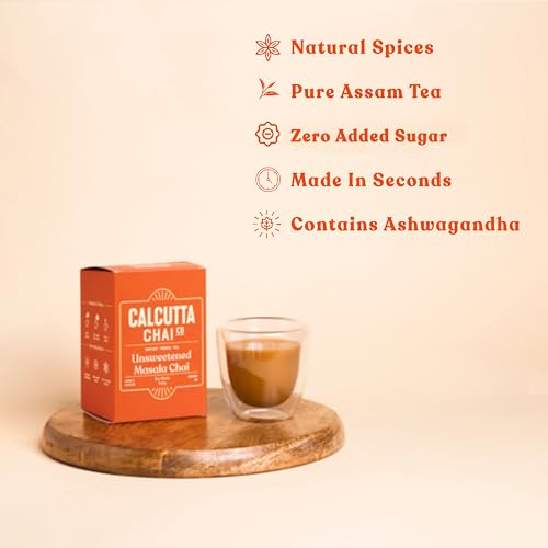 Image of Calcutta Chai Co Unsweetened Masala Chai|Instant Tea Premix|30 Sachets|420 Gram-Pack Of 2|Zero Added Sugar|Made With Assam Tea|Added Natural Spices