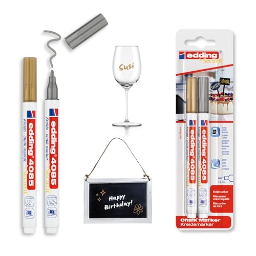 edding 4085 Kreidemarker - gold,silber - 2 Kreidestifte - Rundspitze 1-2 mm - dünner Kreidestift für Tafel abwischbar - zum Beschriften von Fenster, Glas, Spiegel - Tafelstift mit deckenden Farben