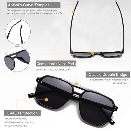 Long Keeper Retro Square Pilot Sunglasses Women Men 70s Double Bridge Aviation Square Sun Glasses Trendy Vintage Shades UV4004