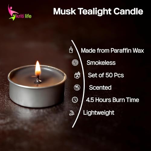 Image of Kriti Life Musk Scented Tealight Candles - 100% Paraffin Wax, Smokeless, Long Burn Time (4.5 Hours), Dripless Black Candles for Home Decor, Diwali, Weddings & Meditation - Set of 50