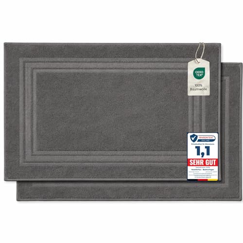 Komfortec Lot de 2 Tapis de Bain, en Tissu éponge, lavables, 600 g/m² et 100% Coton Absorbant et à séchage Rapide, Gris Anthracite, 50 x 70 cm