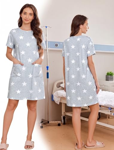 Image of Deyeek Women's Post Shoulder Surgery Hospital Gowns Tear Away Short Sleeve Full Open Side Snap Adaptive Clothing Nightgowns