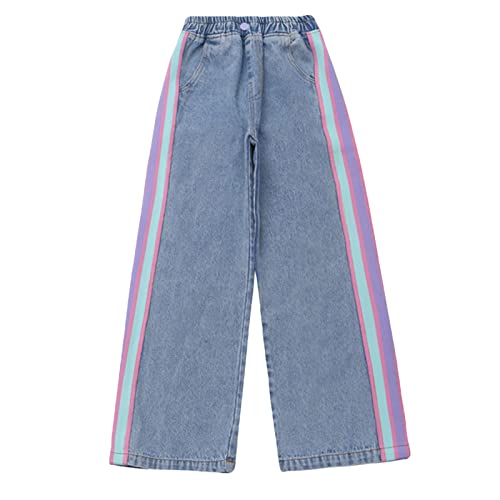 Kids Girls Washed Denim Pants Wide Leg Jeans Contrast Color Side Stripe Baggy Casual Straight Trousers