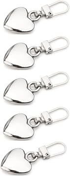 5Pcs Silver Heart Shape Zipper Pull Pieces Detachable Cute Creative Zippers Replacement Repair Kits for Coats Jackets Pants Luggage Sewing Notions and Supplies Zipper Pull Charms