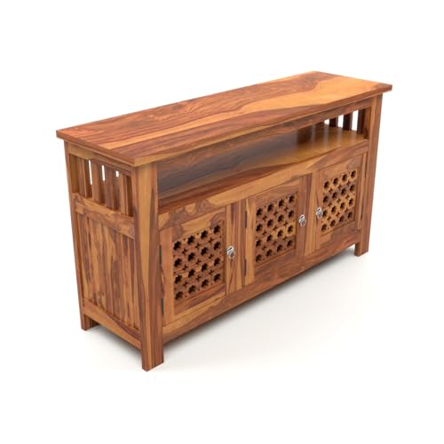 Image of Solid Sheesham Wood TV Unit Cabinet with Carved Doors | Wooden Entertainment Unit for Living Room | Multipurpose Sideboard for TV, Decor & Home Organization (Honey Finish)