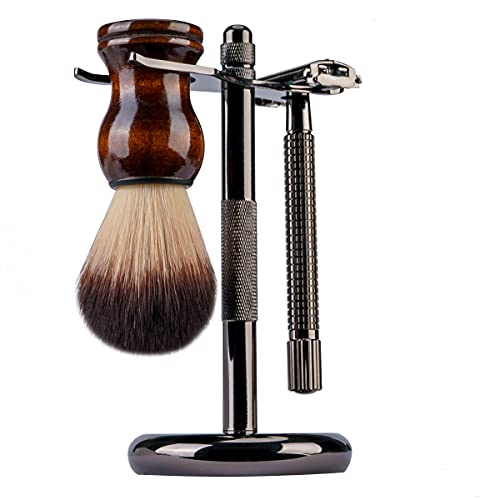 Grandslam Shaving Kit For Men, Safety Razor With 10 Blades, Shaving Brush, Stand And Soap Cream, Stainless Steel Bowl, Canvas & Leather Dopp Kit Gift Set #TOP2