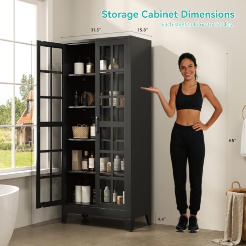 Image of Metal Storage Cabinet with Glass Doors and Adjustable Shelves