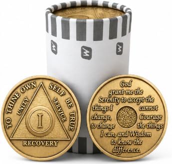 1 Year AA Bronze Medallions Roll of 25 – 34mm Recovery Coins with Serenity Prayer – Traditional Raised Center Design – Alcoholics Anonymous Style Sobriety Chips
