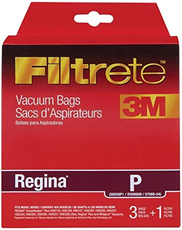 Davant view of the 3M Filtrete vacuum bag packaging, showing the brand logo, 'Regina P' compatibility, and indicating '3 Bags + 1 Filter'.