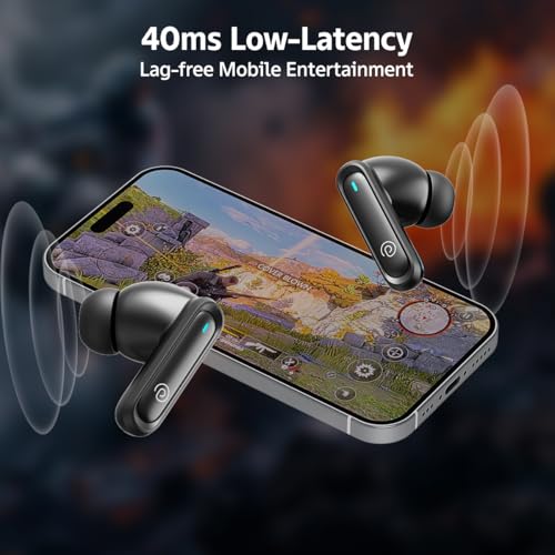 Image of pTron Bassbuds Turbo in-Ear TWS Earbuds w / 40ms Low-Latency, 50Hrs Playtime, Custom EQ, App Support, Dual Mic, TruTalk AI-ENC Calls, Immersive Sound, RGB Lights, Bluetooth V6.0, IPX5 (Raven Black)