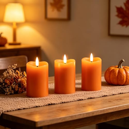 Image of Orange Flameless Votive Candles with Remote Batteries Set of 6 | 2x3 inch Small Flickering LED Pillar Candles, Battery Powered, Real Wax Coating, Fall Halloween Home Decor