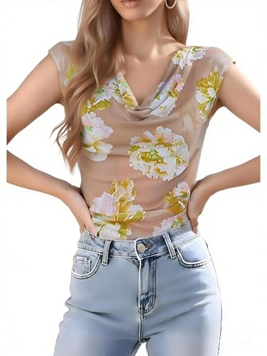 GERT COREL Women's Cowl Neck Sleeveless Top 2026 Sleeveless Ruched Floral Printed Shirts Summer Tank Tops Yellow - image 5