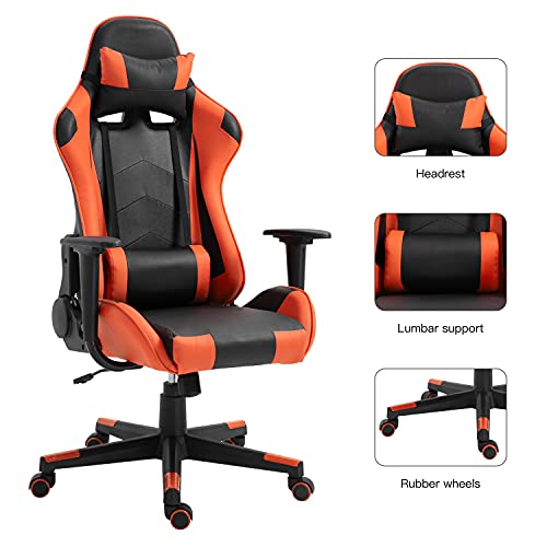 Modern-Depo Gaming Chair With Headrest And Lumbar Support, Height Adjustable Swivel Office Chair High-Back Recliner, Black Orange #TOP1