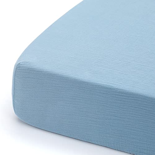 Image of GRSSDER Soft Muslin Crib Sheet 1 Pack, 100% Cotton Crib Sheets for Boys and Girls, Fit Standard Crib Mattresses 52 inch x 28 inch Safe and Snug, Dust Blue