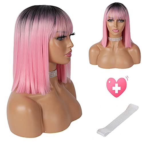 DIAMOND QUEEN Women Short Straight Ombre Pink Bob Wig With Bangs Plus Silicone Wig Grip Head Band Synthetic Hair Wig Heat Resistant Hair (Ombre Pink)