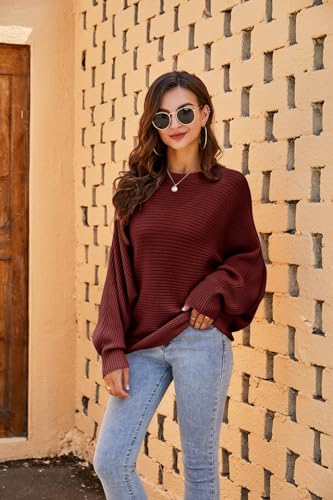 Fessceruna Damen Pullover Oversize Fledermausärmel Strickpullover Winter Rundhals Pulli Geripptes Sweatshirt(Weinrot, L)