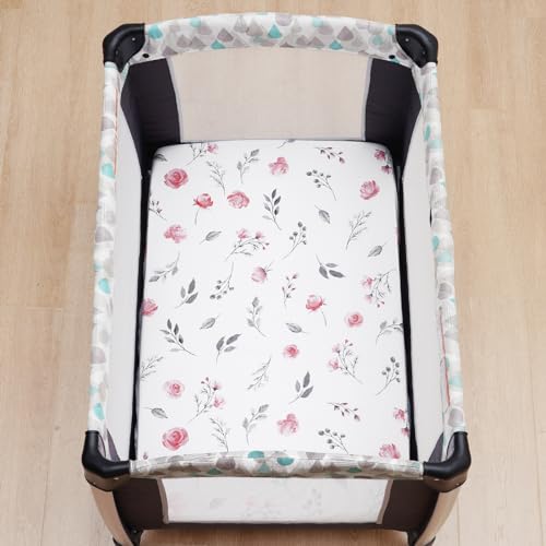 Image of david's kids 3 Pack Mini Crib Sheets, Soft Breathable Premium Pack N Play Sheets for Baby Boys Girls Neutral, Playard and Mini Crib Mattresses, Floral Flowers