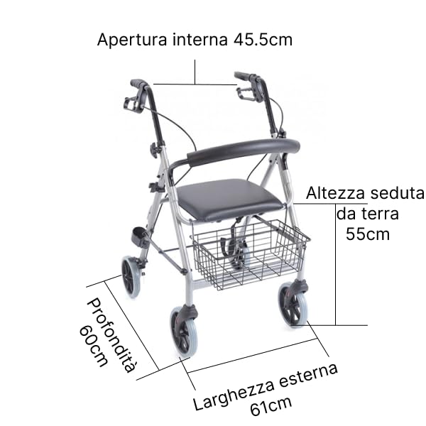 Salute Solare Deambulatore Rollator per anziani, Alluminio, Leggero, Freni manuali e bloccabili, Girello con seduta e 4 ruote, Deambulatore pieghevole, Girello anziani