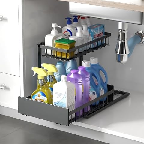 Under Sink Organizers, Put Out Under The Sink Organizer Bathroom, 2-Tier Metal Sink Shelf for Bathroom Kitchen Cabinet Cover