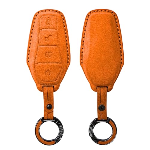 Image of KMH Alcantara Key Cover Compatible with BYD Atto 3 Models Smart Keycover with Keychain 4 Buttons Shell Case Holder Full Key Protector Accessories Smart Keycover with Keychain, Orange - Pack of 2