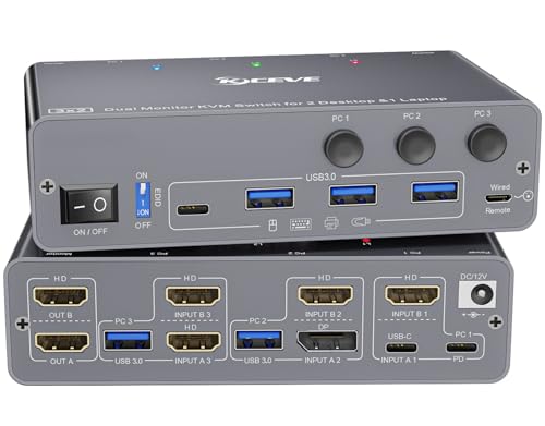 Image of KCEVE KVM Switch 2 Monitors 3 Computers USB C HDMI DP, EDID, USB 3.0 KVM Switch Dual Monitor HDMI for 1 Laptops 2 Desktop, 73W PD, 4K@60Hz, Aluminum, Wired Remote(4K USB C HD DP 3 in 2 Out KVM) | USB 3.0 KVM Switch Dual Monitor HDMI for 1 Laptops 2 Desktop, 73W PD, Aluminum, Wired Remote(4K USB C HD DP 3 in 2 out KVM)