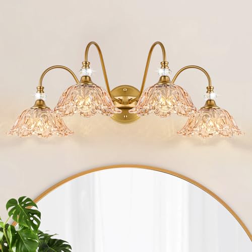Image of Vintage Bathroom Vanity Light, 4-Light Matte Brass Finish Vanity Light with Floral Amber Glass Shades, Retro Wall Mount Lighting for Bathroom, Dressing Table