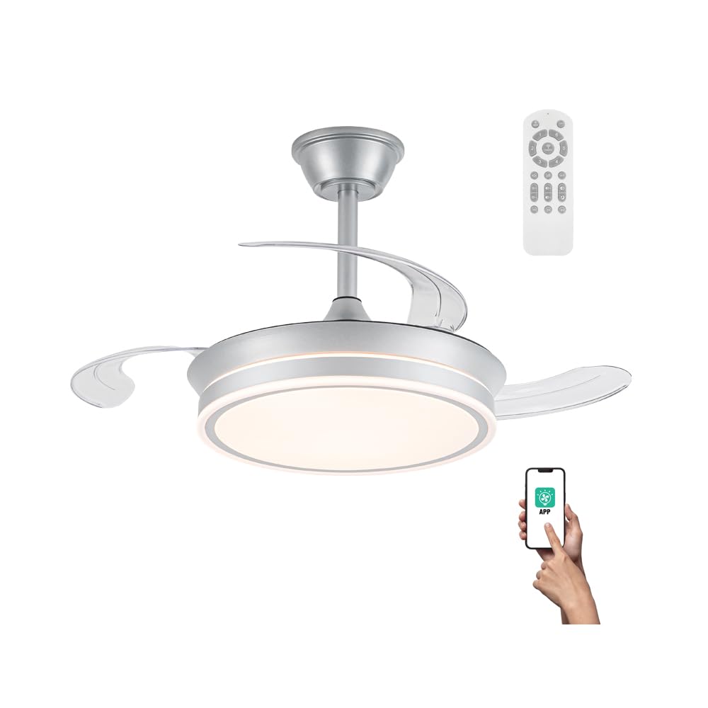 wonderlamp - Ventilador de techo Smart con APP y mando a Distancia, Ventilador de techo con aspas retráctil, Miso Mini Evo Plata 46W, Memoria de encendido, 3 CCT, Intensidad Regulable, Silencioso
