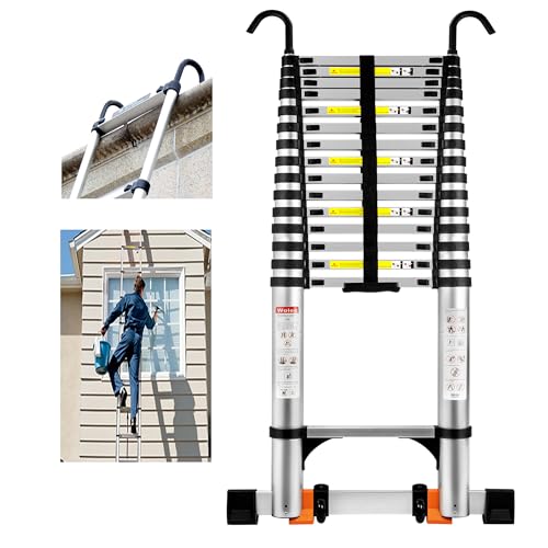 Wolec 20.3 FT Telescoping Ladder with Hooks, Adjustable Multi-Purpose Collapsible Extension with Stabilizers & Wheels, Heavy Duty 330 lbs Max Capacity, Ideal for Home and Outdoor Work, Silver