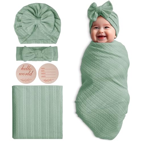 Image of Golener Muslin Swaddle Blankets,Sleepea Swaddle with Bow Headbands, Hats Set and Newborn Name Announcement Card, Stretchy Baby Blankets for Girls and Boys Unisex, Perfect for Newborn Photos (Olive)