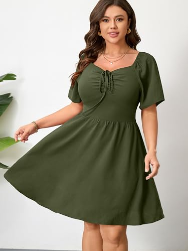 Image of RWJ Women Plus Size Summer Dress Short Sleeve Tie Front Sweetheart Neck Casual Mini Wedding Guest Dresses 2025