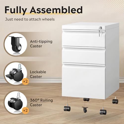 Image of DEVAISE 3 Drawer Mobile File Cabinet, Fully Assembled Except Casters