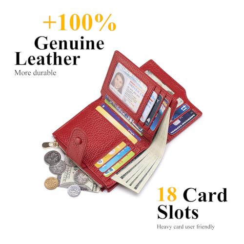 Image of Genuine Leather Wallets for Women RFID Blocking Bifold with Zipper Pocket, 2 ID Windows, 18 Card Slots, Red