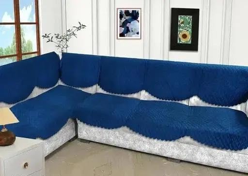 Image of Blush and Bloom 7 Seater L Shape Self Design Velvet Quilted Sofa Cover and Chair Cover, Seat and Back Cover-Navy Blue