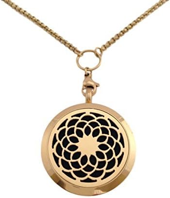 Essential Oils Diffuser Jewelry Aromatherapy Necklace Stocking Stuffer Gold Plated 316 Stainless Steel Lotus Flower Sunflower Pendant Locket 24” 2.5mm Chain and 7 Washable Refill Pads