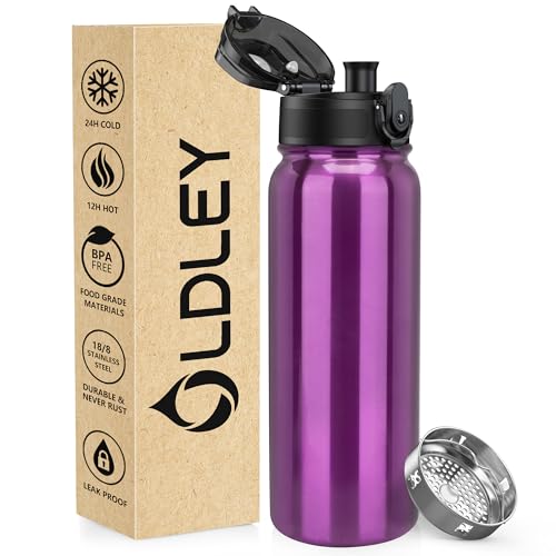 OLDLEY 600ml/20oz Stainless Steel Water Bottle Double Walled Vacuum Flask Keeps Drink Hot and Cold Leakproof BPA Free Metal Insulated Water Bottle for Sport School Work Outdoor Hiking (Bright Purple)