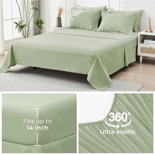 Image of HYMOKEGE Light Green Oversized King Comforter Set Seersucker 7 Pieces, All Season Luxury Bed in a Bag for Bedroom, Bedding Set with Comforter, Sheets, Pillowcases & Shams