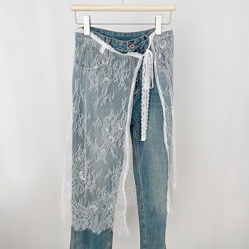 Women Korean Eyelash Lace Layering Long Skirt Hip Scarf with Tie Up Vintage Flower Lace Hip Covering Apron Skirts3