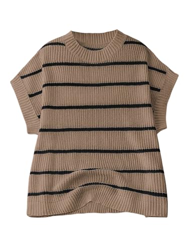 Verdusa Women's Plus Size Striped Print Rib Knit Tops Short Sleeve Crew Neck Sweater Top