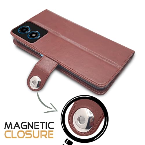 Image of Pikkme Moto G04 Flip Cover Leather Finish | Inside TPU with Card Pockets | Wallet Stand and Shock Proof | Complete Protection Button Flip Case (Brown)