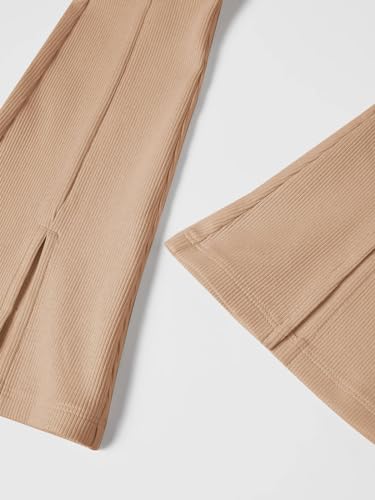 Image of Haloumoning Girls Kids Elastic Waist Ribbed Flare Split Bottom Pants Stretch Casual Long Pants(5-14Y) Khaki