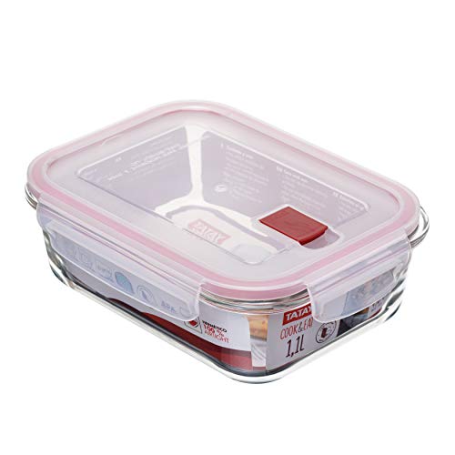 Tatay Tupper Cristal 1,1 L Cook & Eat | Vidrio Borosilicato Resistente | Tapa Hermética Clip, Válvula de Vapor | Apto Microondas, Horno, Nevera y Congelador | Libre de BPA | 15,7x20,7x6,9 cm, Rojo