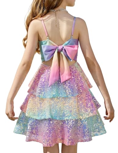 GRACE KARIN Girls Glitter Sequin Princess Dresses Size 10 Tween Cute Tie Back Dance Formal Party Birthday Sparkly Ruffle Special Occasion Dress