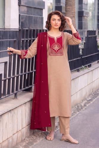 Image of ANNI Designer Kurta Set for Women Viscose Blend Embroidered | Kurta Pant Dupatta Set for Woman | Straight 3 Piece Outfit V Neck 3 /4 Sleeve Stylish Ethnic Dress Trendy Womens Clothing
