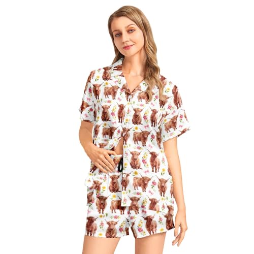 Image of Funny Pajamas for Women Set Print Satin Loungewear Pjs Short Sleeve Button Down Top and Shorts Sets Sleepwear XS-3XL