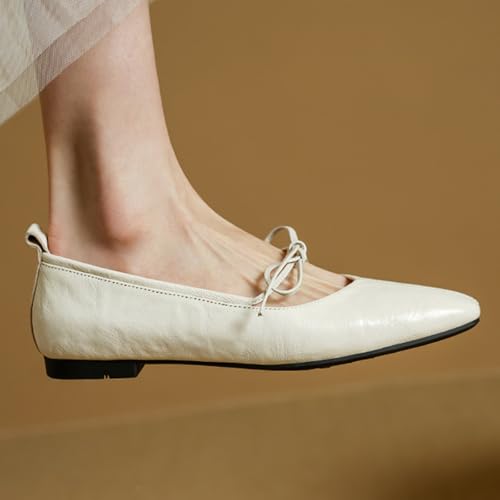 Women's Leather Mary Jane Flats Bow Tie Ballet Flats Comfortable Closed Square Toe Slip On Ballerina Shoes3